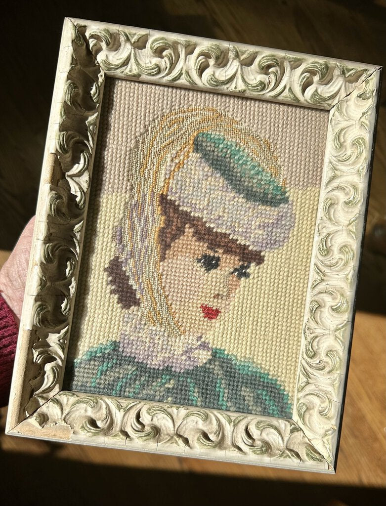 VINTAGE FRAMED NEEDLEPOINT OF WOMAN IN HAT, Swoon VM