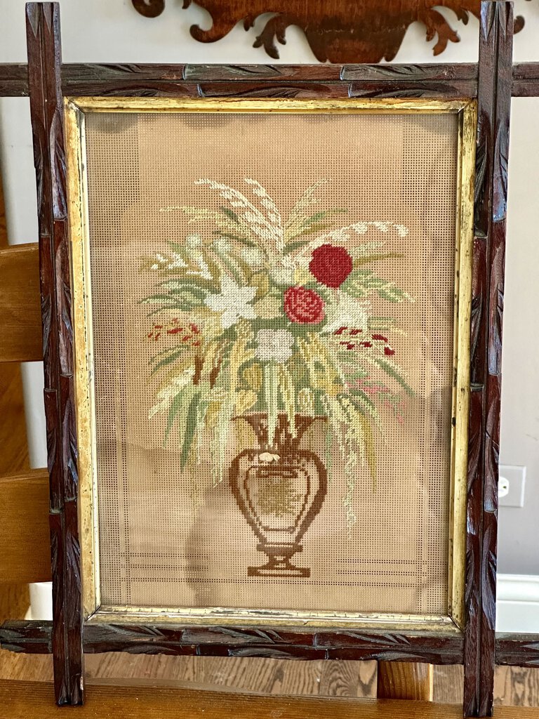 FRAMED VICTORIAN FLORAL NEEDLEPOINT - GREAT PATINA!! 15 1/4" x 19" Swoon VM
