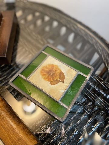 Dried floral green stained glass coaster