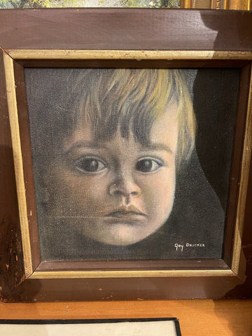 Vintage small boy painting signed framed 9 3/4 in x 9 3/4 in as is