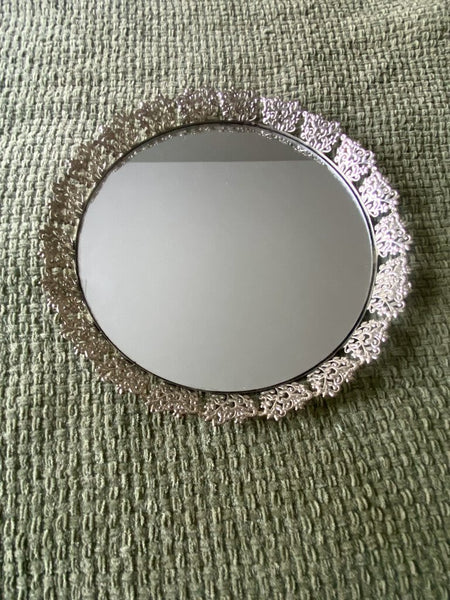 Vintage Silver Filigree Mirrored Tray 16" Diameter