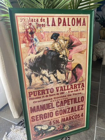 Vintage 1987 Framed Bullfighting Poster 21 x 38