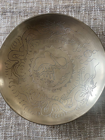 VINTAGE BRASS DOUBLE DRAGON ETCHED BOWL12 Round