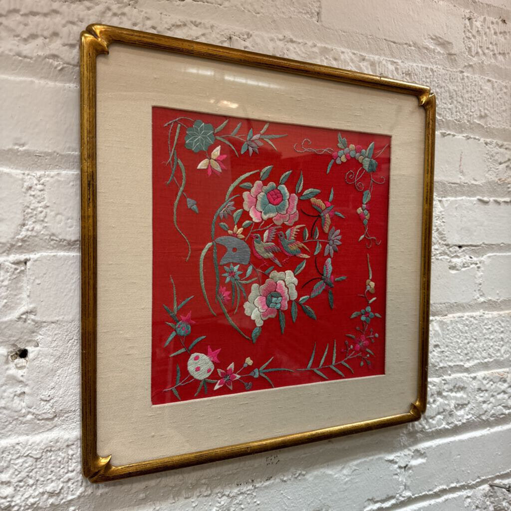15.5" square Framed Embroidered Red Silk W1342