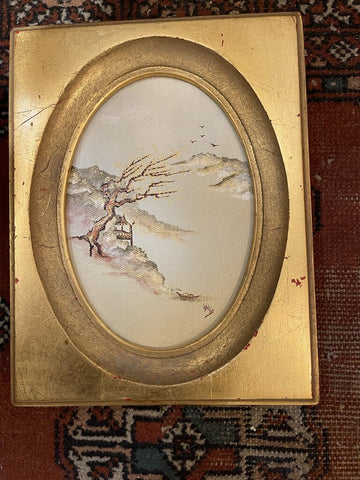 Vintage Asian tree & pagoda painting gold frame